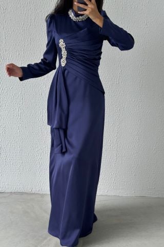 Unique Detailed Flowing Satin Fabric Hijab Navy Blue