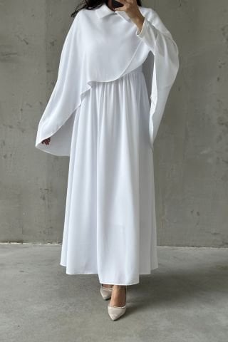 Krep Kumaş Pelerin Detaylı Tesettür Abiye Ekru