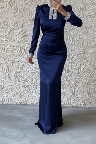 Jeweled Elegance: Satin Hijab Evening Dress with Sleeves and Stones on the Collar, Navy Blue