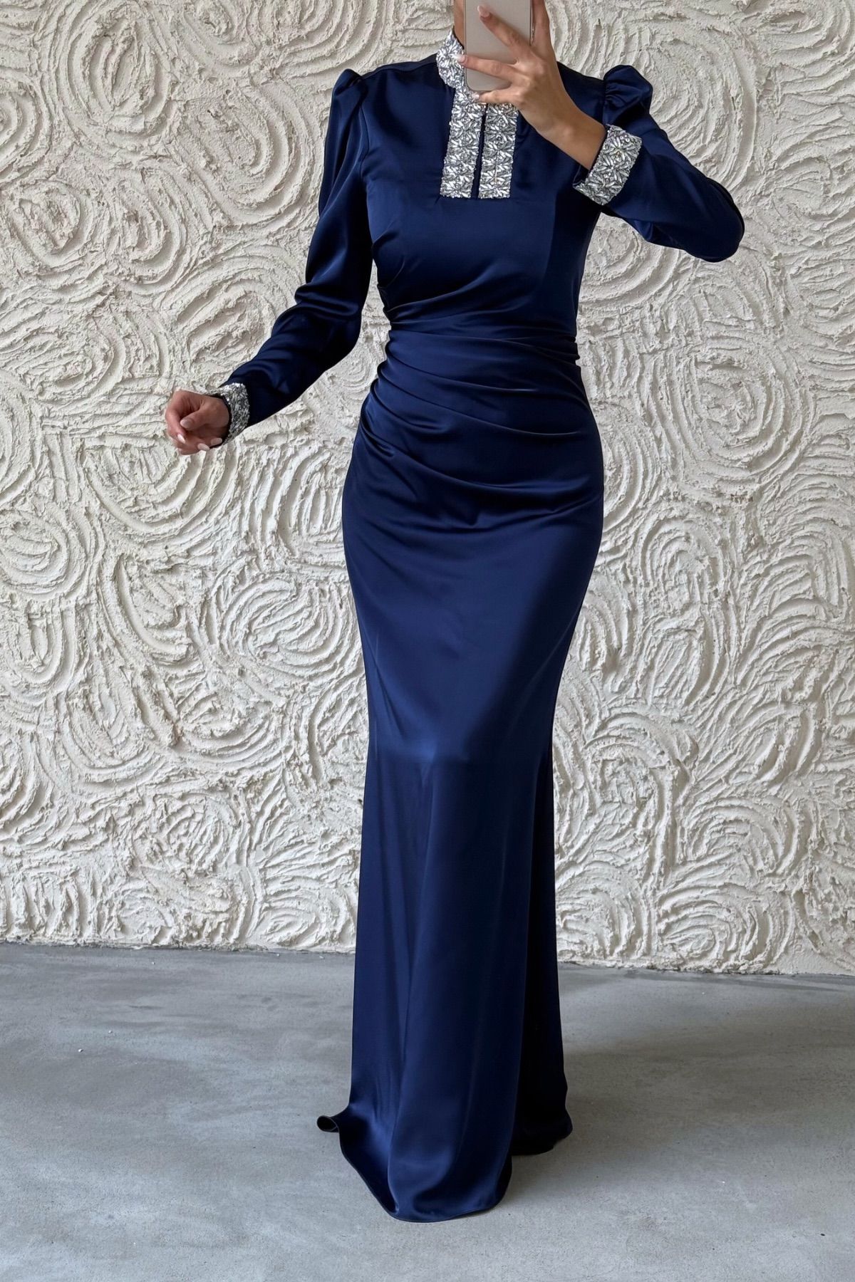 Jeweled Elegance: Satin Hijab Evening Dress with Sleeves and Stones on the Collar, Navy Blue
