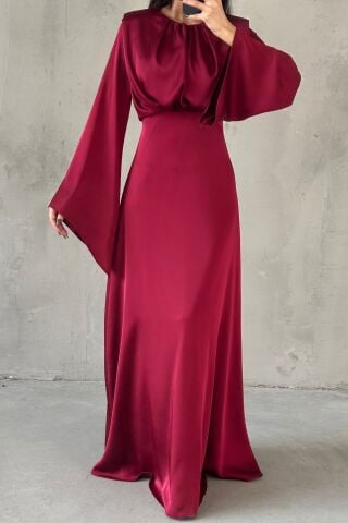 Miralya Satin Hijab Evening Dress Burgundy