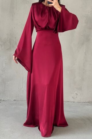 Miralya Satin Hijab Evening Dress Burgundy