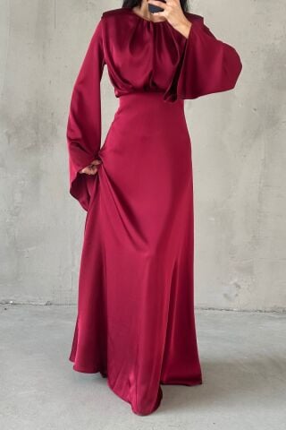 Miralya Satin Hijab Evening Dress Burgundy