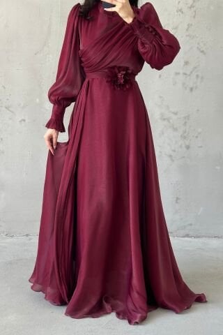 Drapeli Broş Detaylı Janjan Tesettür Abiye Bordo