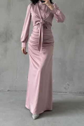 Flawless Details Satin Hijab Evening Dress Powder Pink