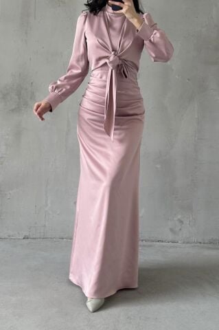 Flawless Details Satin Hijab Evening Dress Powder Pink