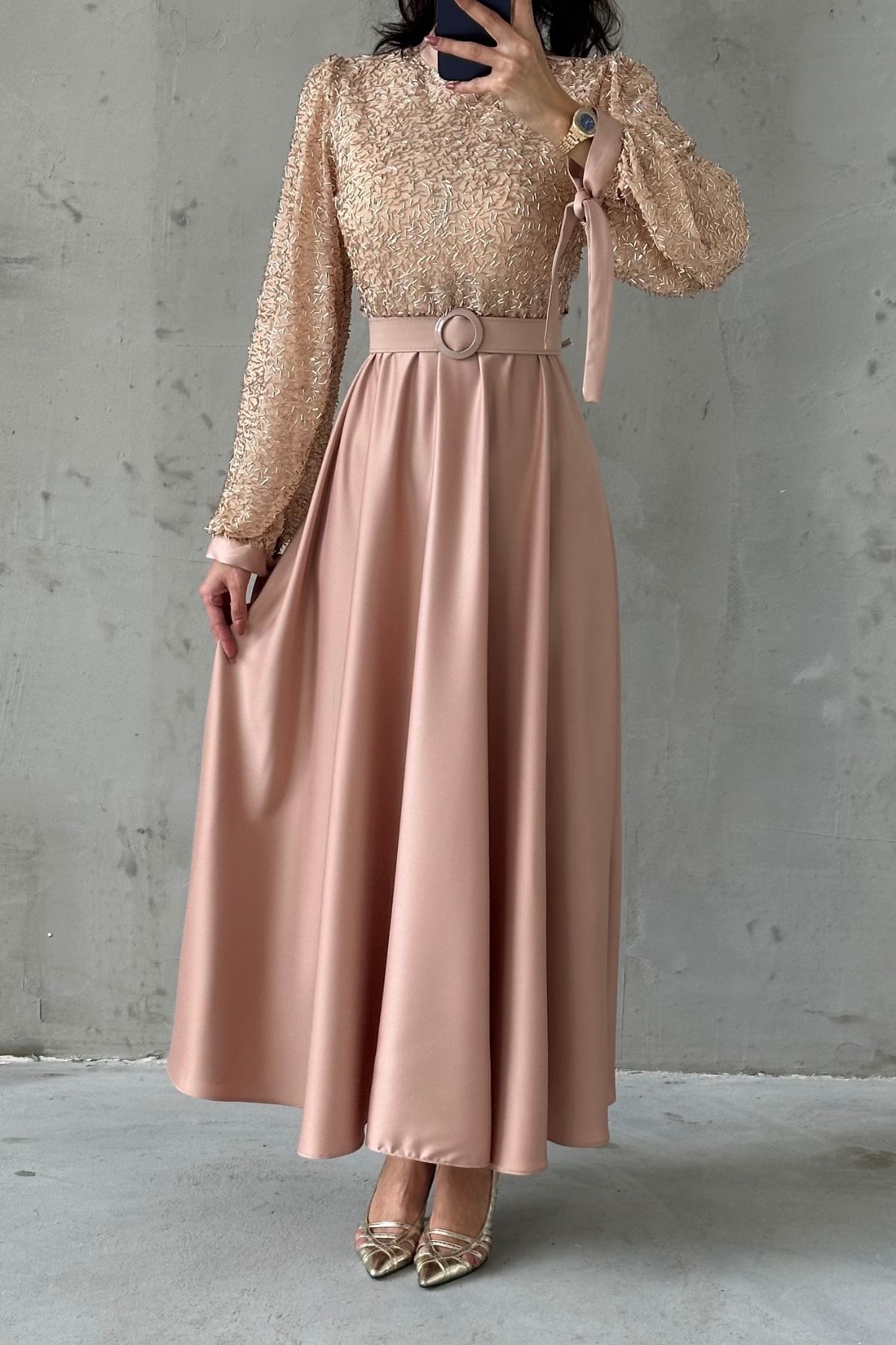 Embroidered Top Detail Belted Satin Hijab Evening Dress Stone