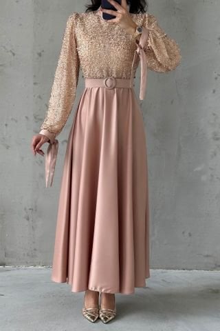 Embroidered Top Detail Belted Satin Hijab Evening Dress Stone