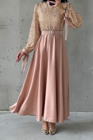Embroidered Top Detail Belted Satin Hijab Evening Dress Stone