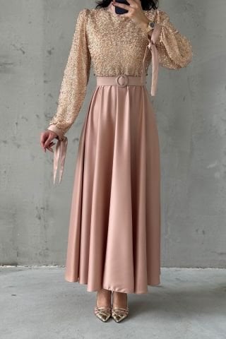 Embroidered Top Detail Belted Satin Hijab Evening Dress Stone