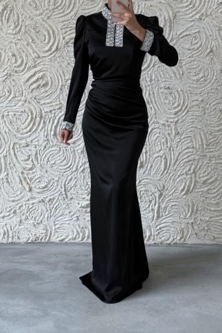 Jeweled Elegance: Satin Hijab Evening Dress with Sleeves and Stones on the Collar, Black