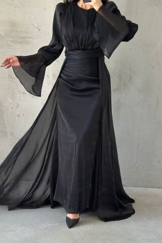 Drape Ve Pelerin Detaylı Janjan Tesettür Abiye Siyah