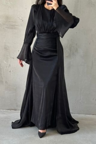 Drape Ve Pelerin Detaylı Janjan Tesettür Abiye Siyah