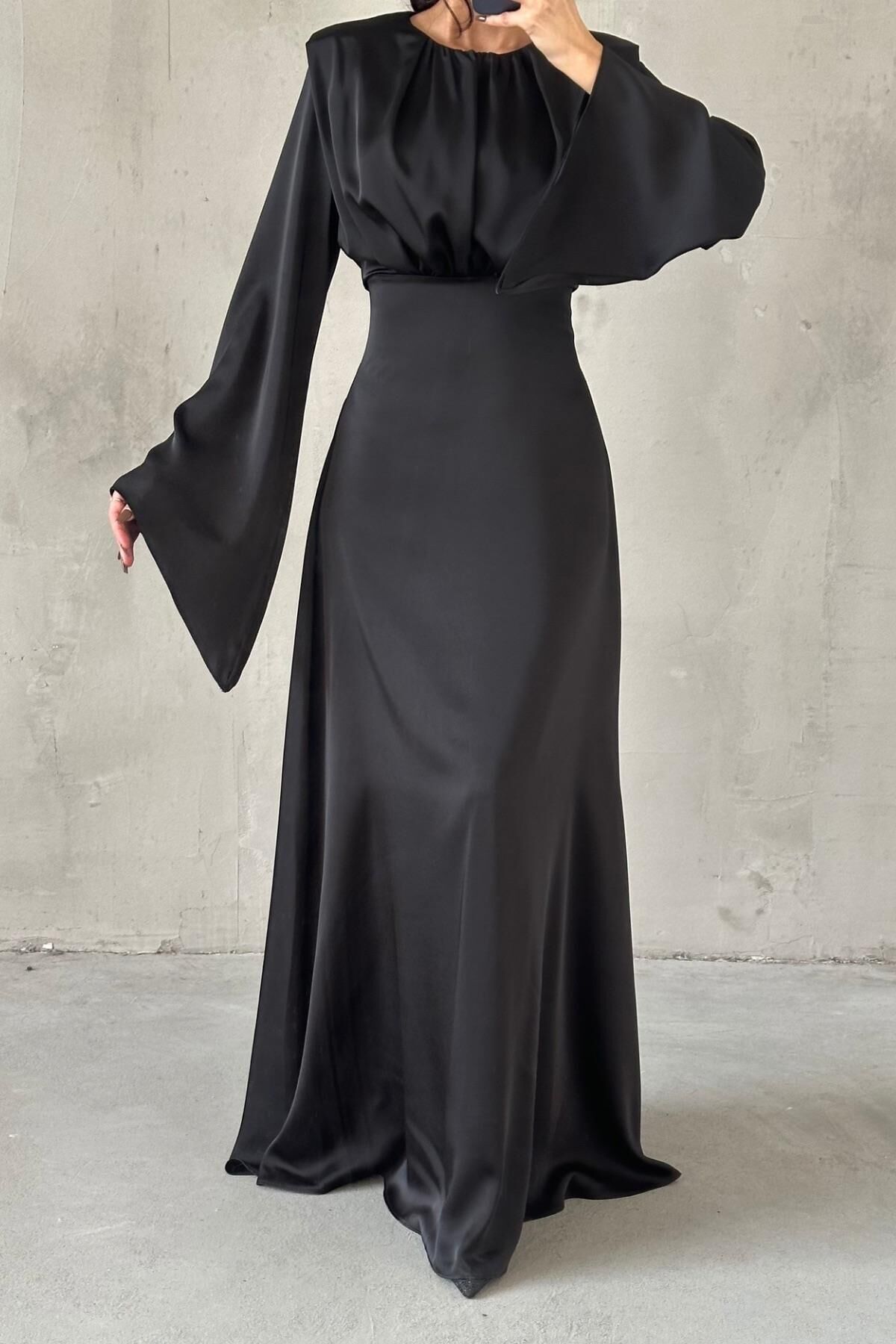 Miralya Satin Hijab Evening Dress Black