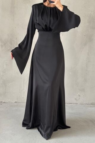 Miralya Satin Hijab Evening Dress Black