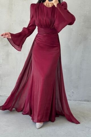 Janjan Hijab Evening Dress with Drape and Cape Detail in Burgundy
