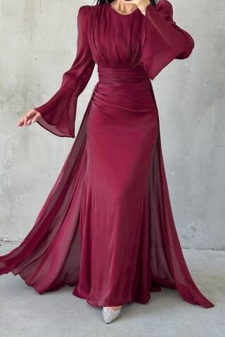 Janjan Hijab Evening Dress with Drape and Cape Detail in Burgundy