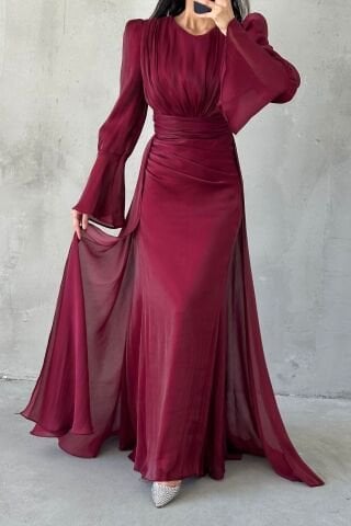 Janjan Hijab Evening Dress with Drape and Cape Detail in Burgundy