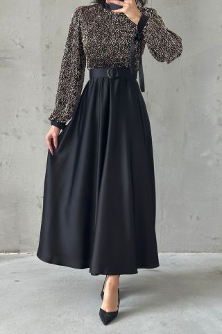 İşlemeli Üst Detaylı Kemerli Saten Tesettür Abiye Siyah