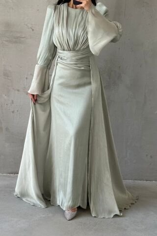 Drape Ve Pelerin Detaylı Janjan Tesettür Abiye Mint Yeşili