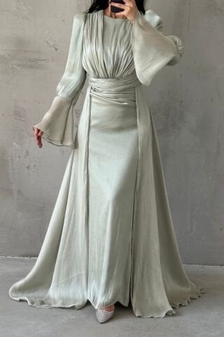 Drape Ve Pelerin Detaylı Janjan Tesettür Abiye Mint Yeşili