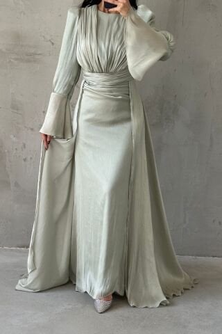 Drape Ve Pelerin Detaylı Janjan Tesettür Abiye Mint Yeşili