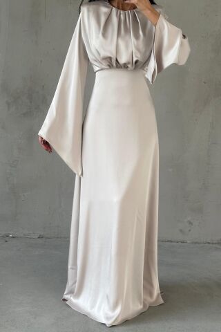 Miralya Satin Hijab Evening Dress Stone