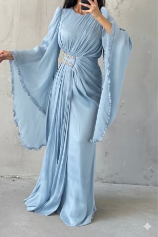 Janjan Hijab Evening Dress with Sparkly Sleeve Detail in Baby Blue