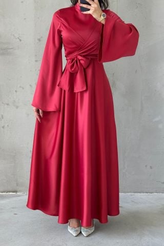 Basic Flounce Sleeve Satin Hijab Evening Dress Red