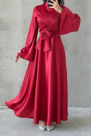 Basic Flounce Sleeve Satin Hijab Evening Dress Red