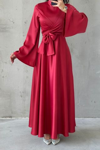 Basic Flounce Sleeve Satin Hijab Evening Dress Red