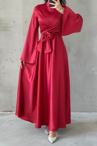 Basic Flounce Sleeve Satin Hijab Evening Dress Red