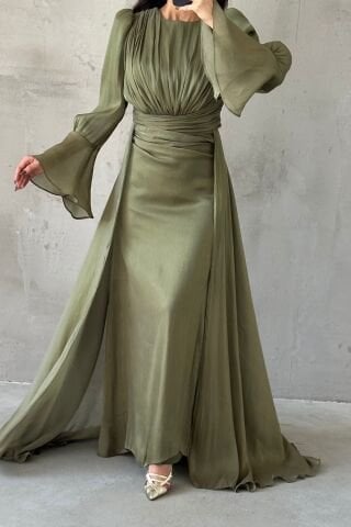 Drape and Cape Detailed Janjan Hijab Evening Dress Khaki