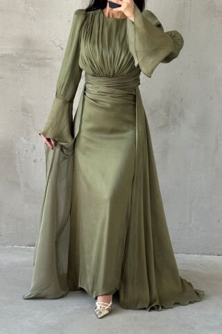 Drape Ve Pelerin Detaylı Janjan Tesettür Abiye Haki