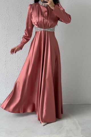 Stone Detailed Gathered Satin Hijab Evening Dress Powder