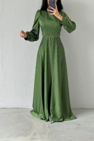 Boydan Zarif Taş Detaylı Saten Tesettür Abiye Haki