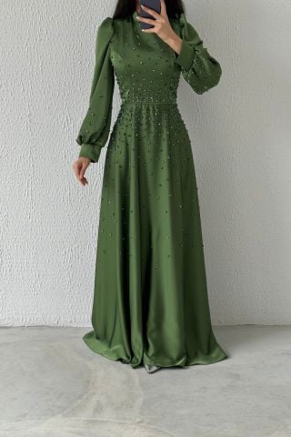 Boydan Zarif Taş Detaylı Saten Tesettür Abiye Haki