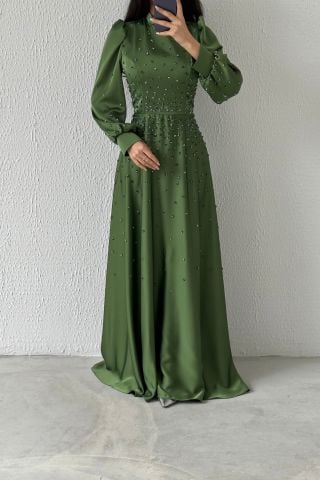 Boydan Zarif Taş Detaylı Saten Tesettür Abiye Haki