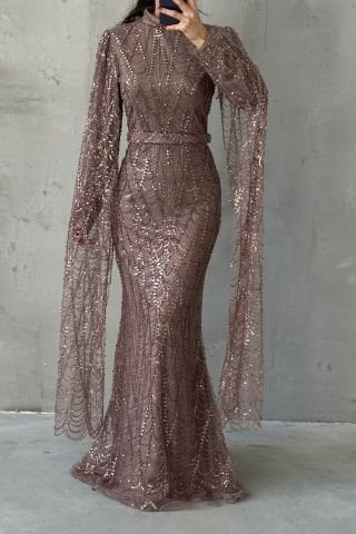 Sparkly Embroidered Long Sleeve Hijab Evening Dress Mink