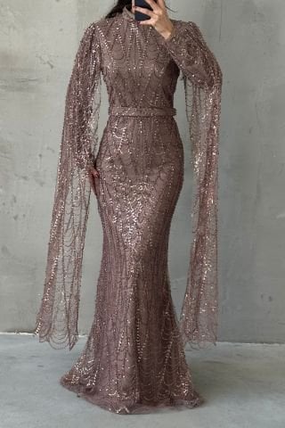Sparkly Embroidered Long Sleeve Hijab Evening Dress Mink