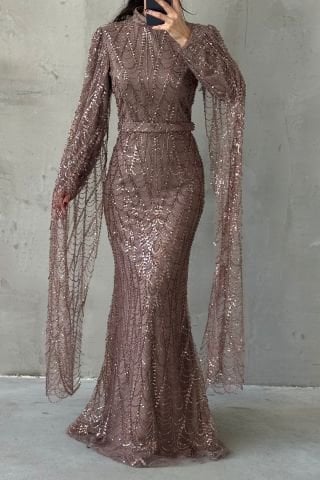 Sparkly Embroidered Long Sleeve Hijab Evening Dress Mink