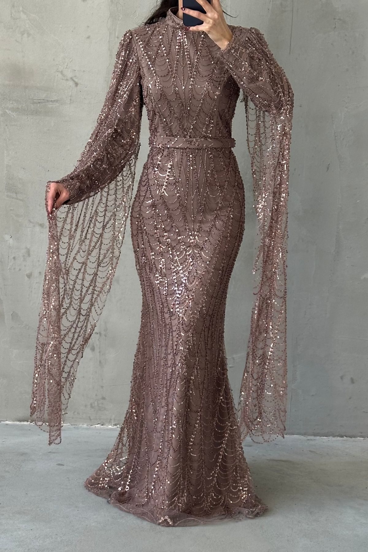 Sparkly Embroidered Long Sleeve Hijab Evening Dress Mink