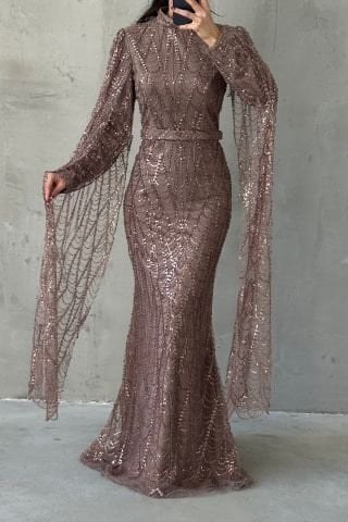 Sparkly Embroidered Long Sleeve Hijab Evening Dress Mink