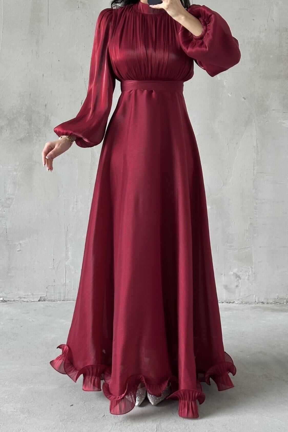 İnci Akış Tesettür Abiye Bordo