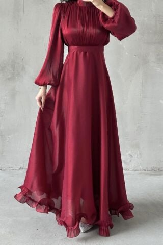 İnci Akış Tesettür Abiye Bordo