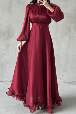 İnci Akış Tesettür Abiye Bordo