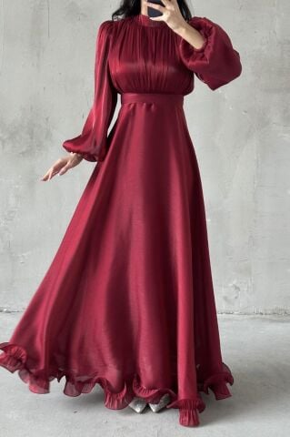 İnci Akış Tesettür Abiye Bordo