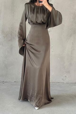 Miralya Satin Hijab Evening Dress Khaki