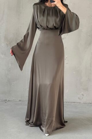 Miralya Satin Hijab Evening Dress Khaki