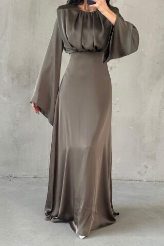 Miralya Satin Hijab Evening Dress Khaki